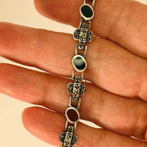 Vintage Sterling Silver marcasite Bracelet with carnelian, onyx and aventurine